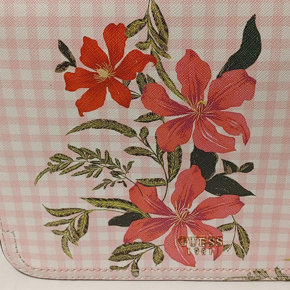 GUESS Crossbody Purse Pink Gingham Pattern Floral 1981 Handbag - Picture 2 of 12